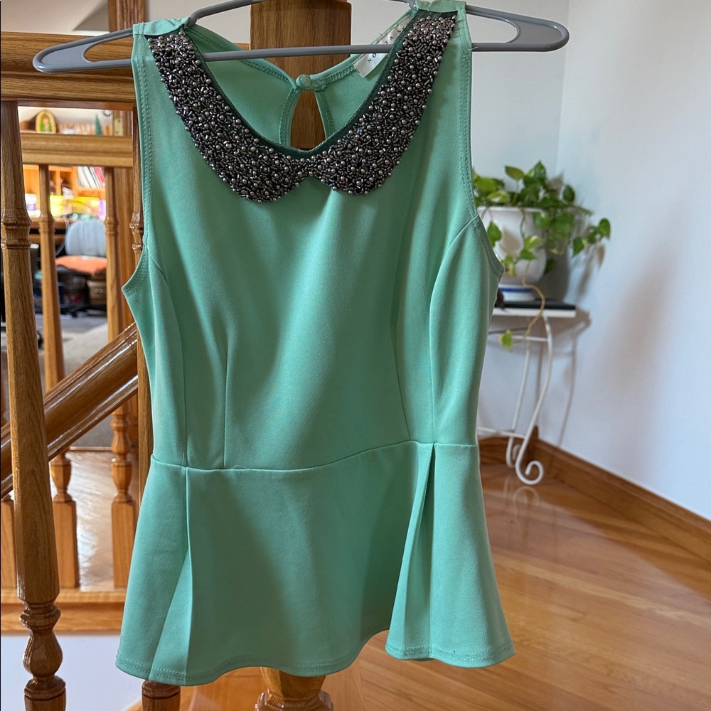 Mint Green Sleeveless Top with Embellished Collar